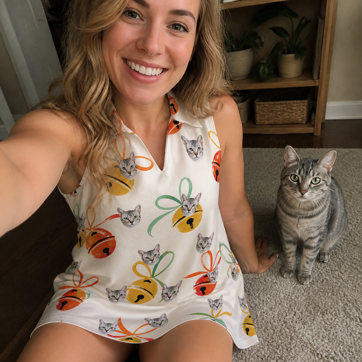 Selfie with the pet whose face is printed all over this Women's Sleigh Bells Custom Cat Face V-Neck Dress