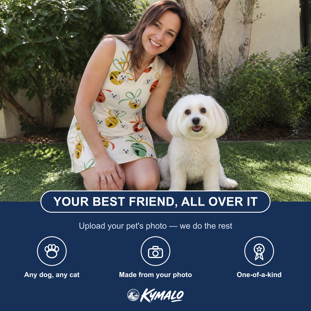 Friends in matching Women's Sleigh Bells Custom Dog Face V-Neck Dress — a group gift photo