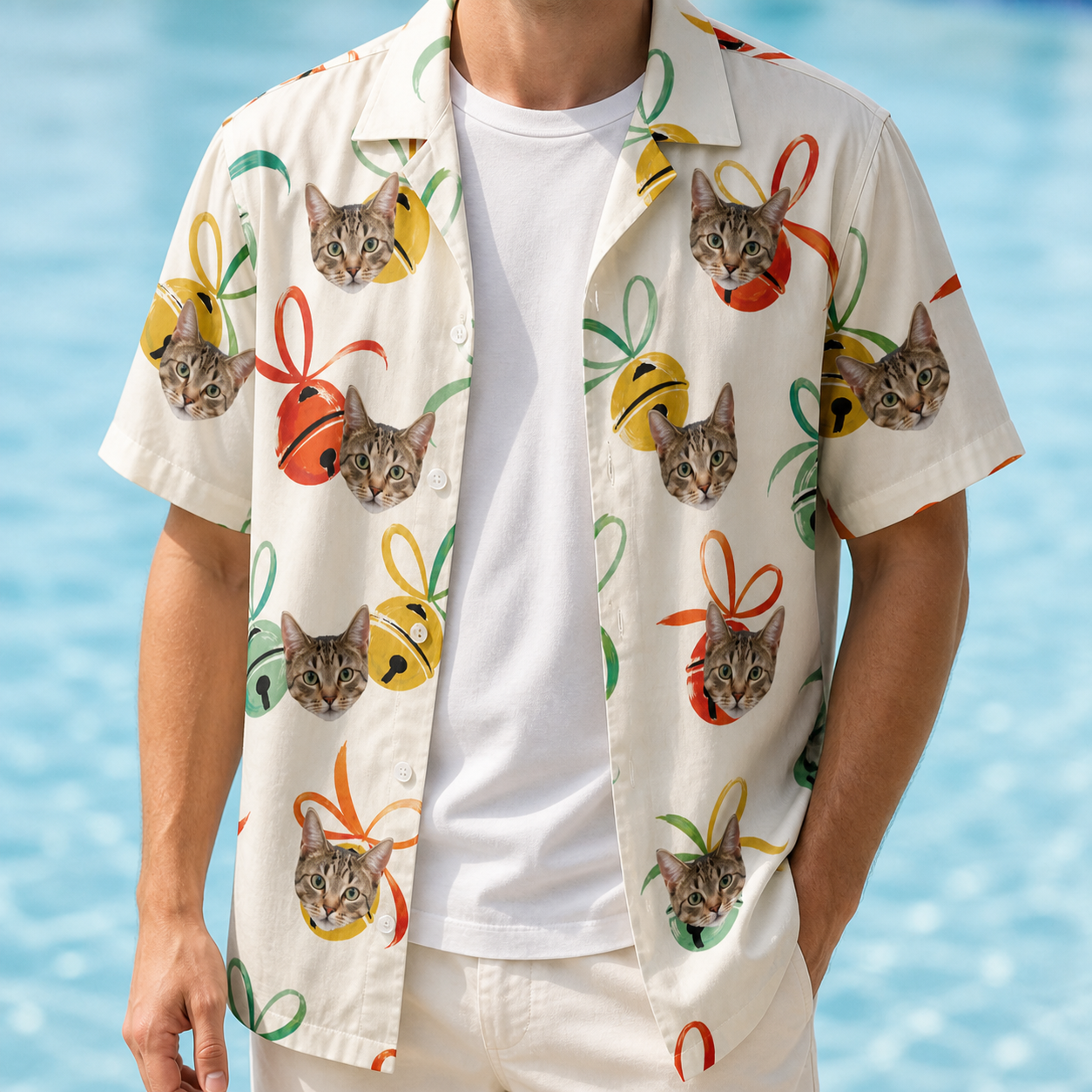 Man wearing Men's Sleigh Bells Custom Cat Face Hawaiian Shirt open over a white tee