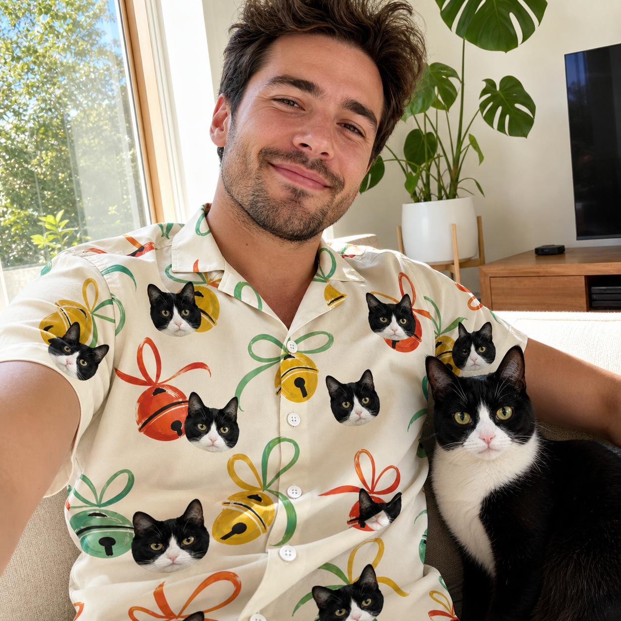 Selfie with the pet whose face is printed all over this Men's Sleigh Bells Custom Cat Face Hawaiian Shirt