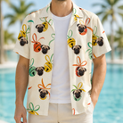 Man wearing Men's Sleigh Bells Custom Dog Face Hawaiian Shirt open over a white tee