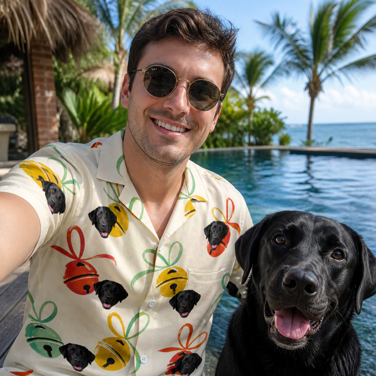 Selfie with the pet whose face is printed all over this Men's Sleigh Bells Custom Dog Face Hawaiian Shirt