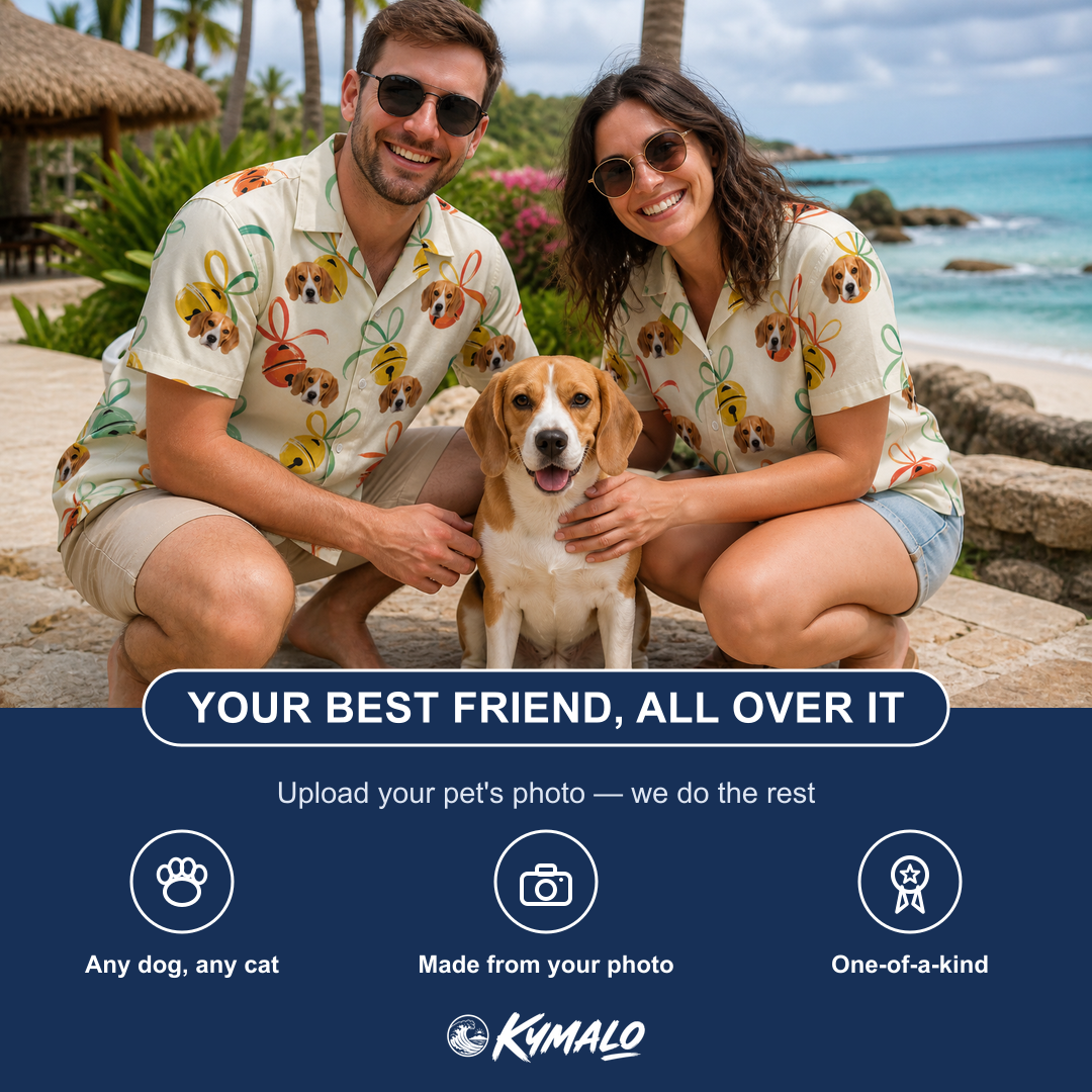 Friends in matching Men's Sleigh Bells Custom Dog Face Hawaiian Shirt — a group gift photo