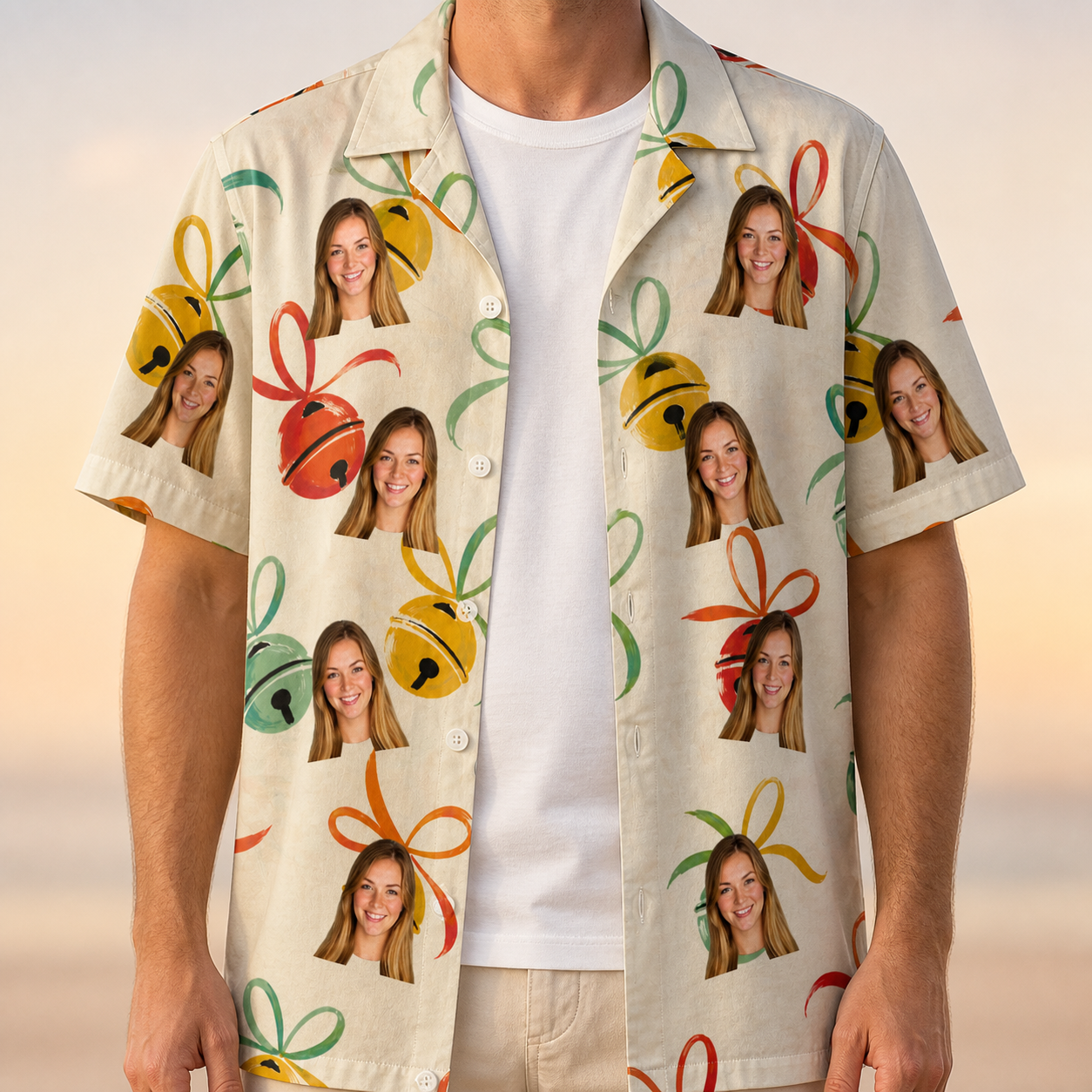 Man wearing Men's Sleigh Bells Custom Face Hawaiian Shirt open over a white tee