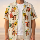 Man wearing Men's Sleigh Bells Custom Face Hawaiian Shirt open over a white tee