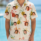 Model wearing Men's Sleigh Bells Custom Face Hawaiian Shirt printed with kids' faces
