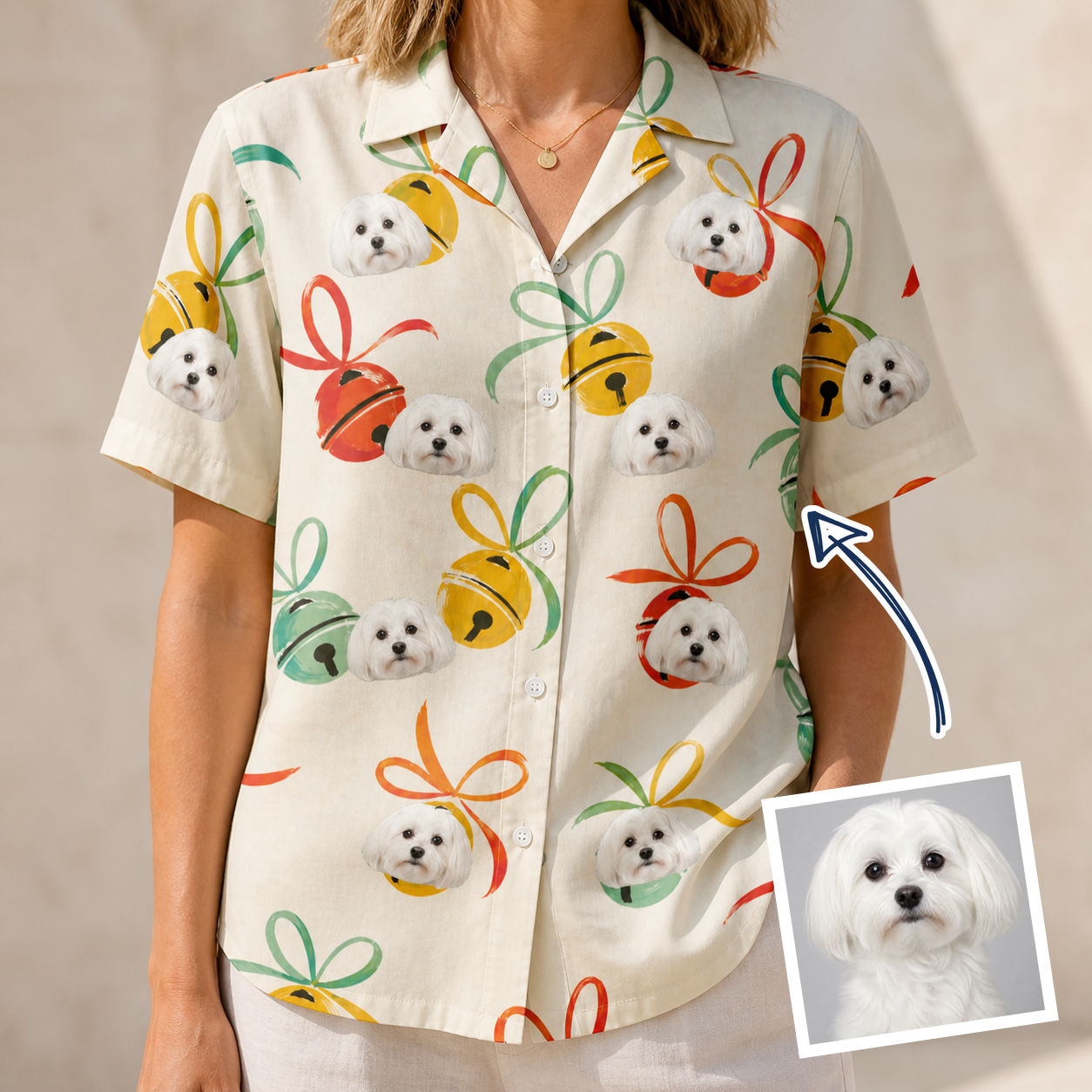 Woman wearing Women's Sleigh Bells Custom Dog Face Hawaiian Shirt — custom faces printed all-over