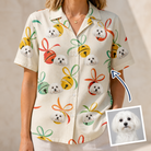 Woman wearing Women's Sleigh Bells Custom Dog Face Hawaiian Shirt — custom faces printed all-over