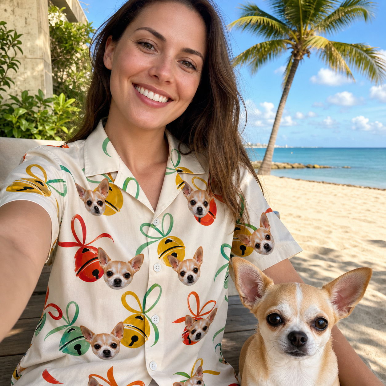 Selfie with the pet whose face is printed all over this Women's Sleigh Bells Custom Dog Face Hawaiian Shirt