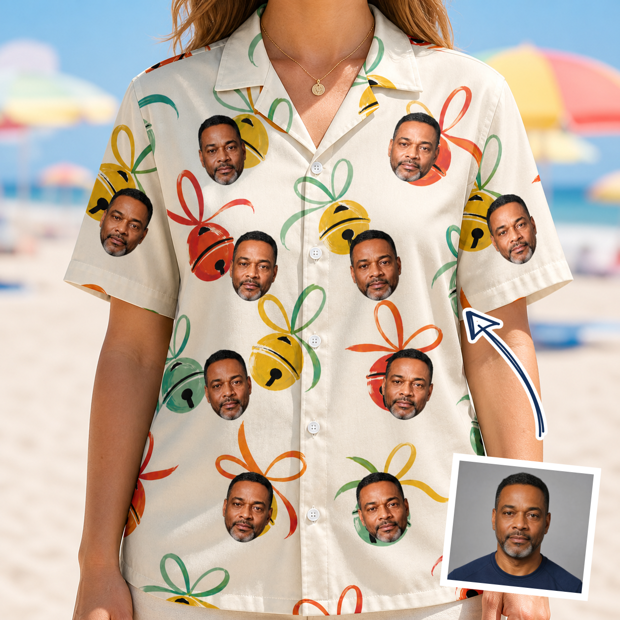 Woman wearing Women's Sleigh Bells Custom Face Hawaiian Shirt — custom faces printed all-over