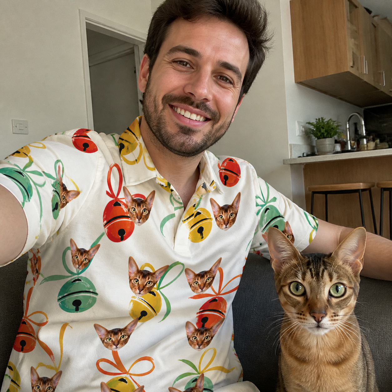 Selfie with the pet whose face is printed all over this Men's Sleigh Bells Custom Cat Face Polo Shirt