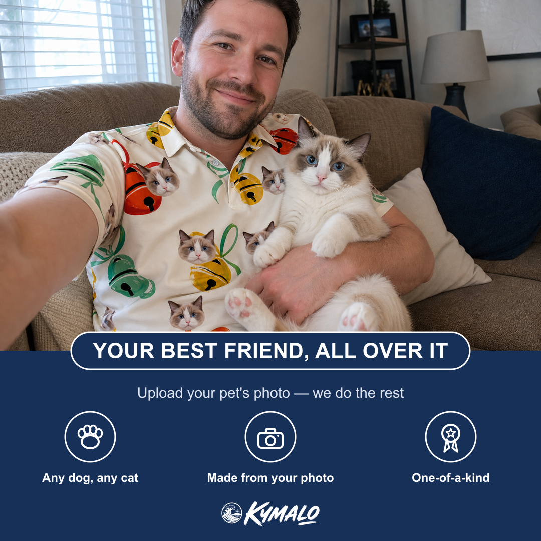 Friends in matching Men's Sleigh Bells Custom Cat Face Polo Shirt — a group gift photo