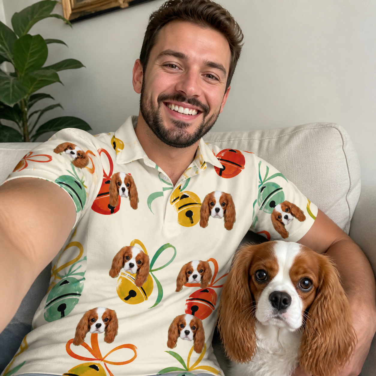 Selfie with the pet whose face is printed all over this Men's Sleigh Bells Custom Dog Face Polo Shirt
