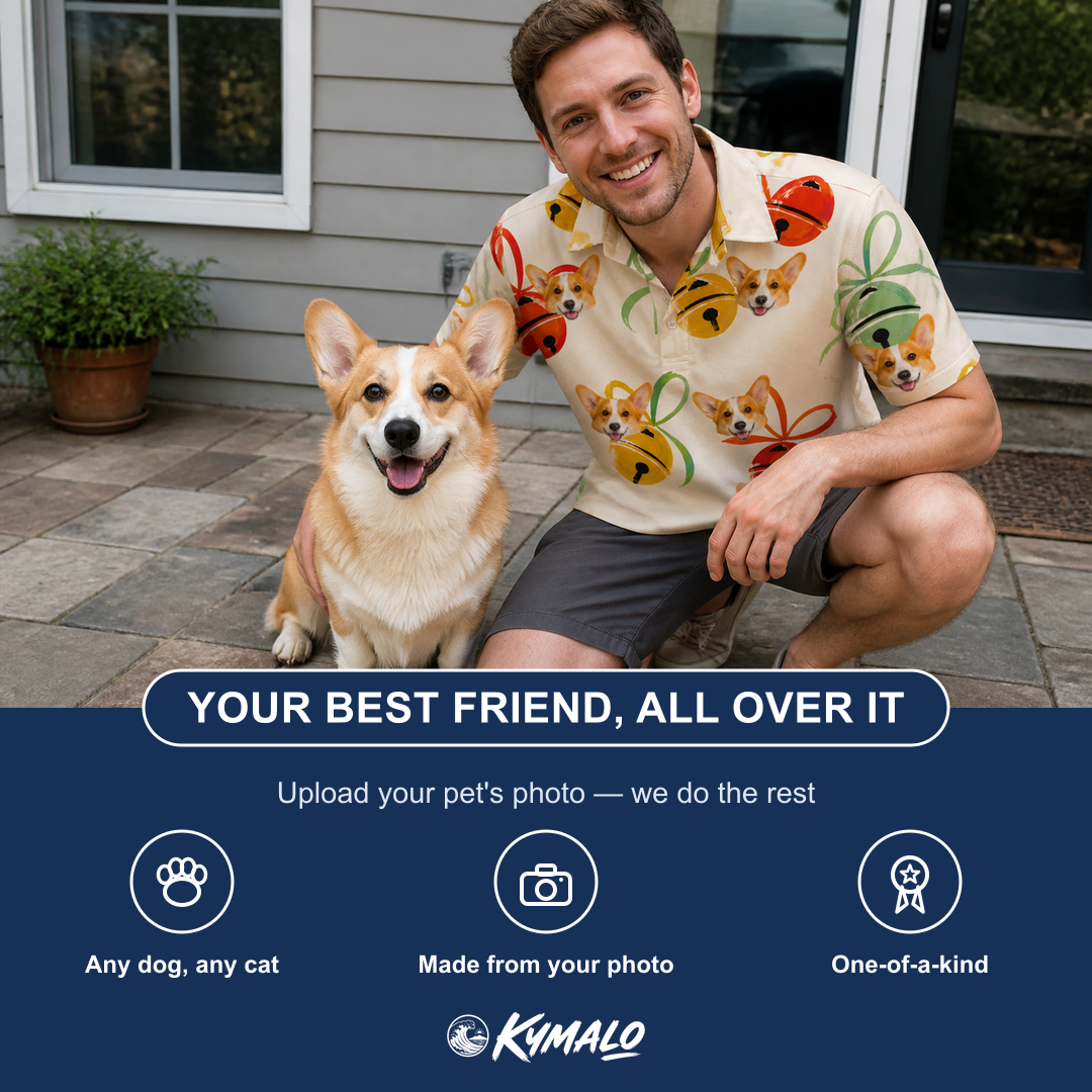 Friends in matching Men's Sleigh Bells Custom Dog Face Polo Shirt — a group gift photo