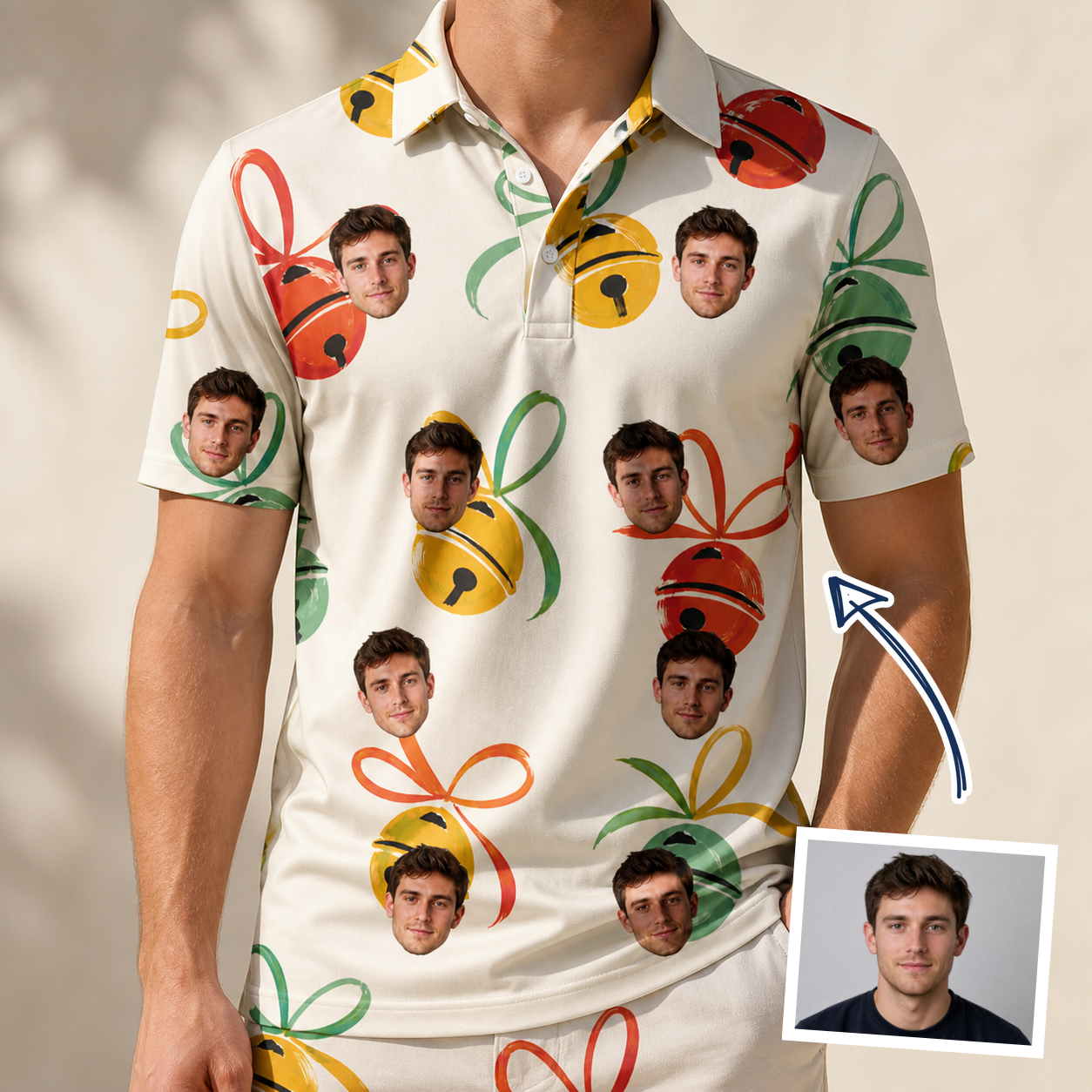 Man wearing Men's Sleigh Bells Custom Face Polo Shirt — custom faces printed all-over