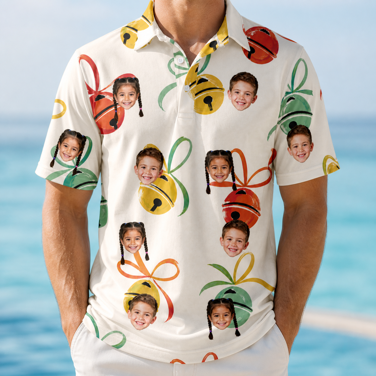 Model wearing Men's Sleigh Bells Custom Face Polo Shirt printed with kids' faces