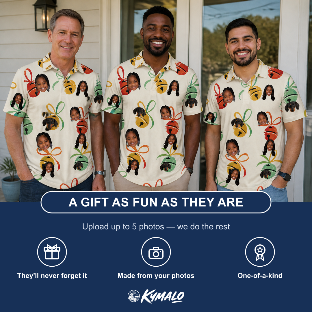 Friends in matching Men's Sleigh Bells Custom Face Polo Shirt — a group gift photo