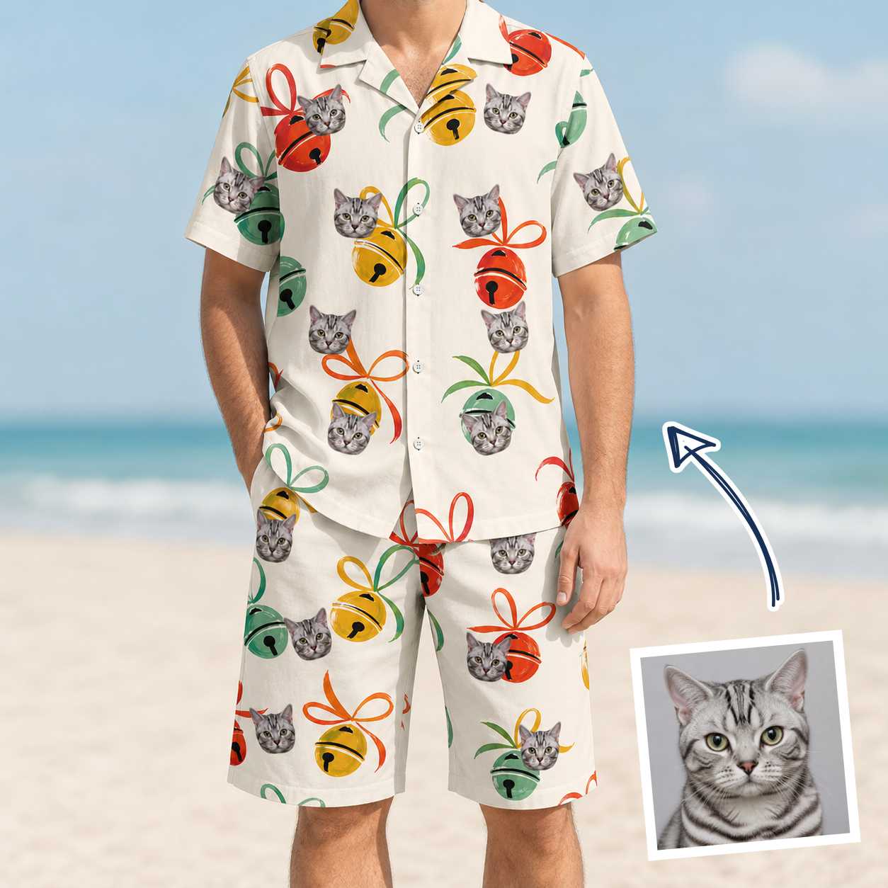Man wearing Men's Sleigh Bells Custom Cat Face Shirt & Shorts Set — custom faces printed all-over