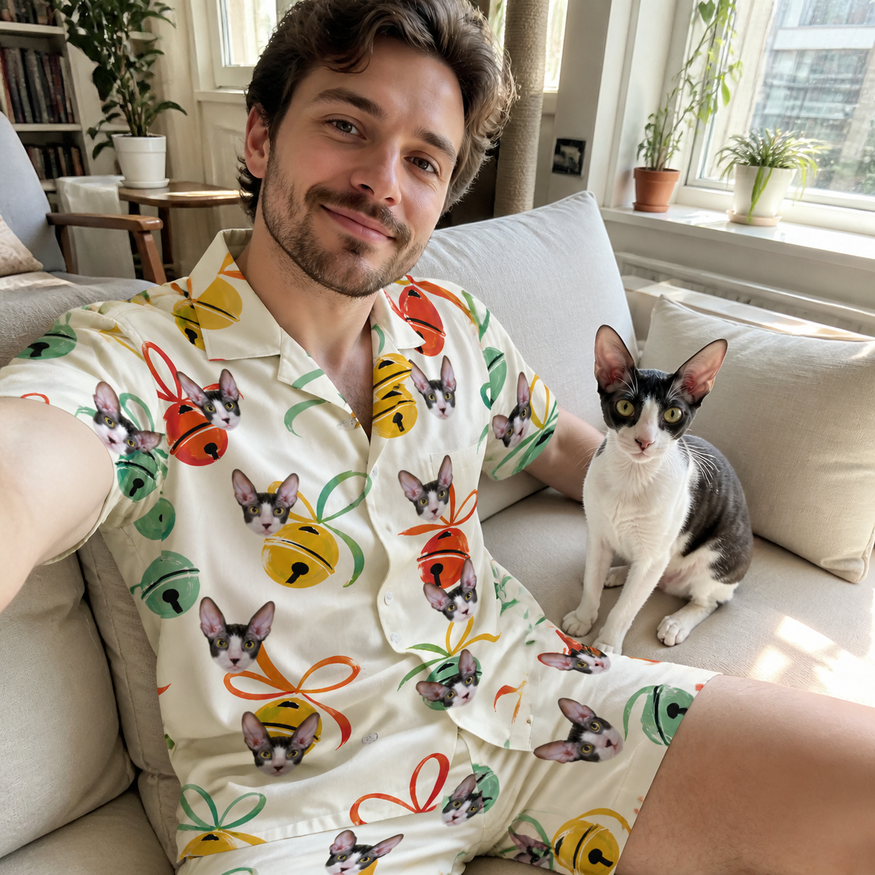 Selfie with the pet whose face is printed all over this Men's Sleigh Bells Custom Cat Face Shirt & Shorts Set