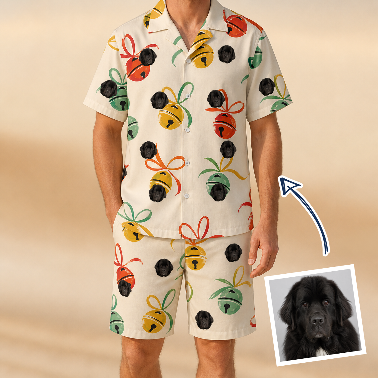 Man wearing Men's Sleigh Bells Custom Dog Face Shirt & Shorts Set — custom faces printed all-over