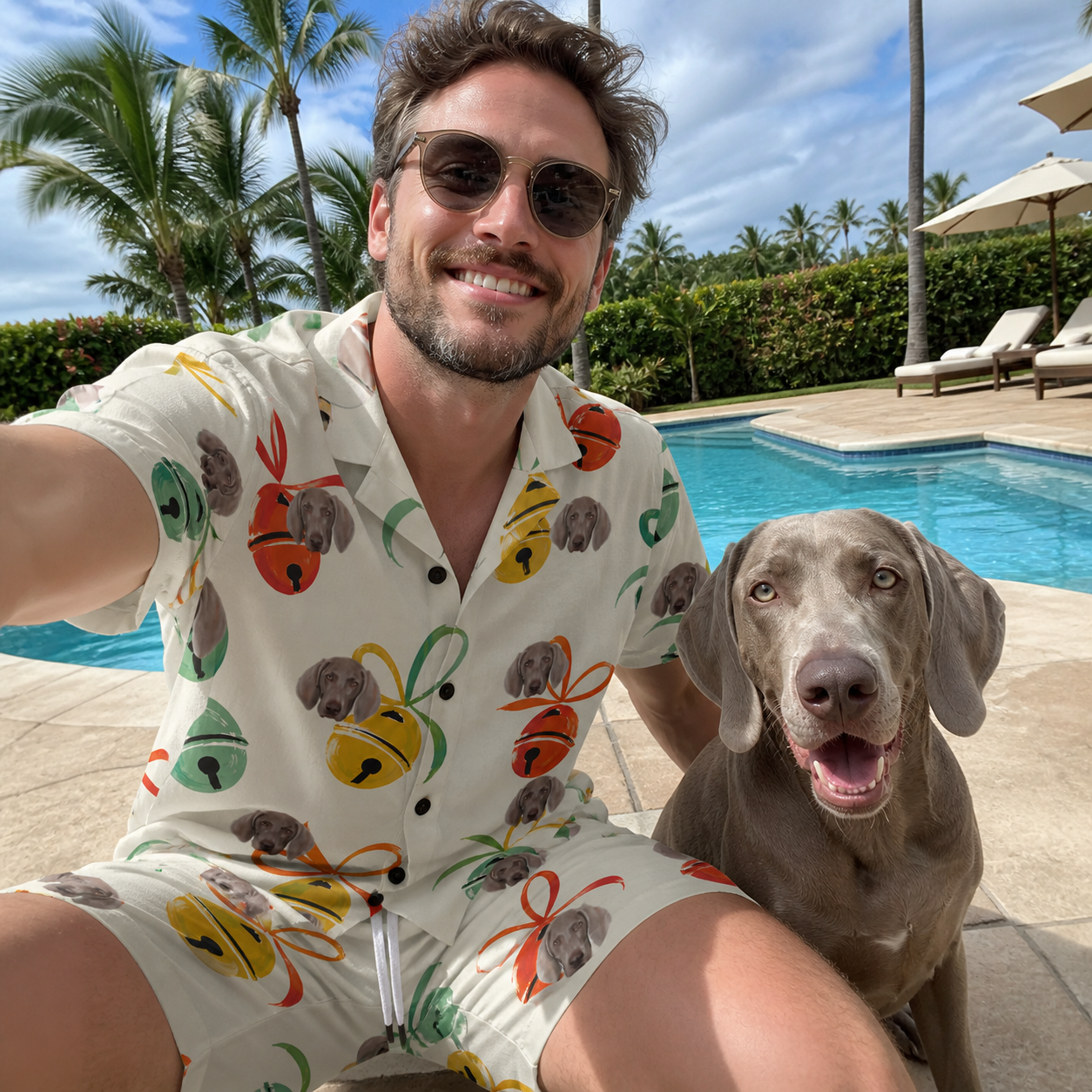 Selfie with the pet whose face is printed all over this Men's Sleigh Bells Custom Dog Face Shirt & Shorts Set