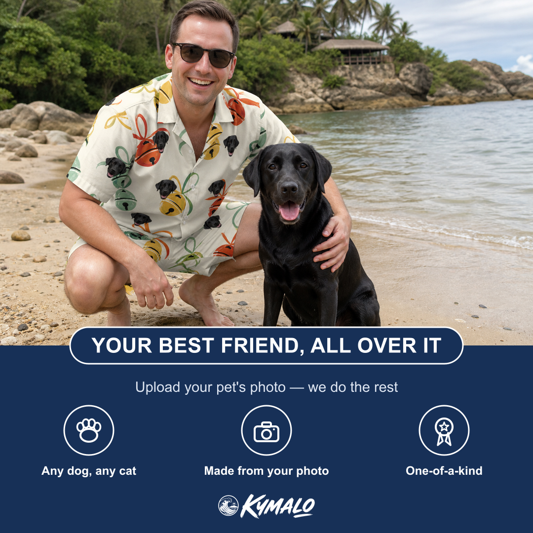 Friends in matching Men's Sleigh Bells Custom Dog Face Shirt & Shorts Set — a group gift photo
