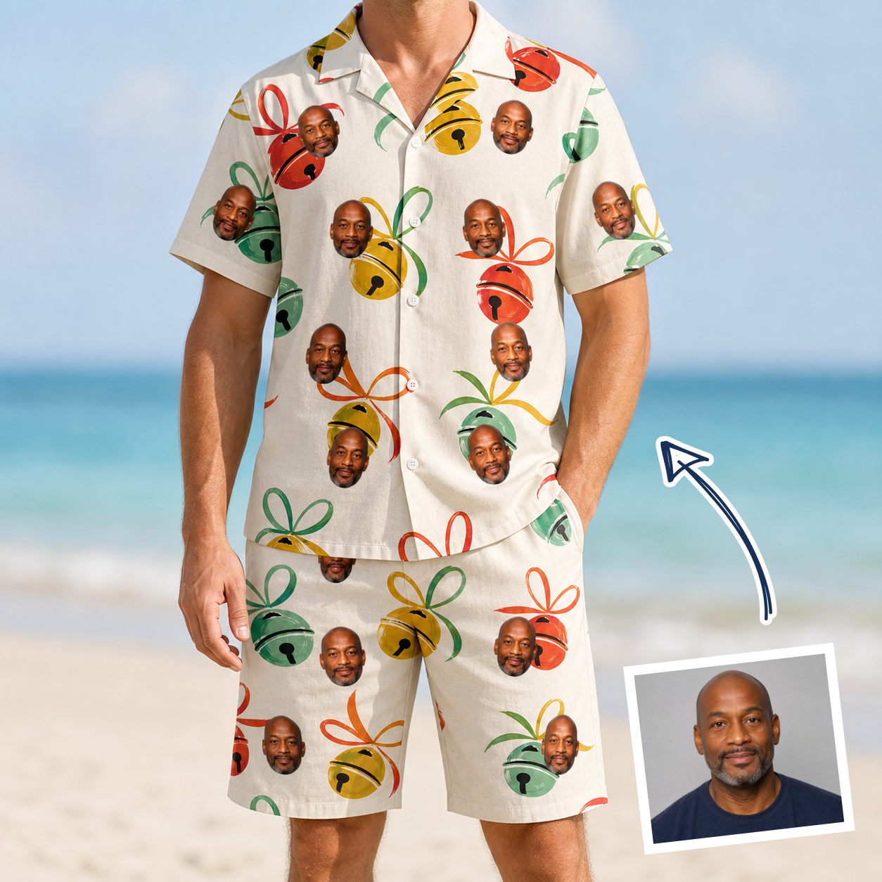 Man wearing Men's Sleigh Bells Custom Face Shirt & Shorts Set — custom faces printed all-over