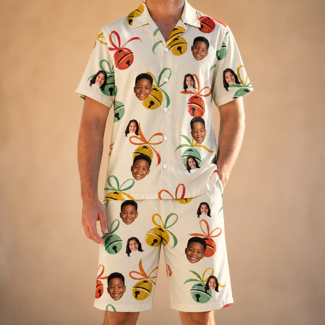 Model wearing Men's Sleigh Bells Custom Face Shirt & Shorts Set printed with kids' faces