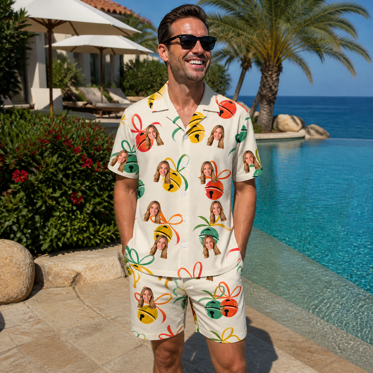 Real-life photo of someone wearing Men's Sleigh Bells Custom Face Shirt & Shorts Set — custom faces printed all-over