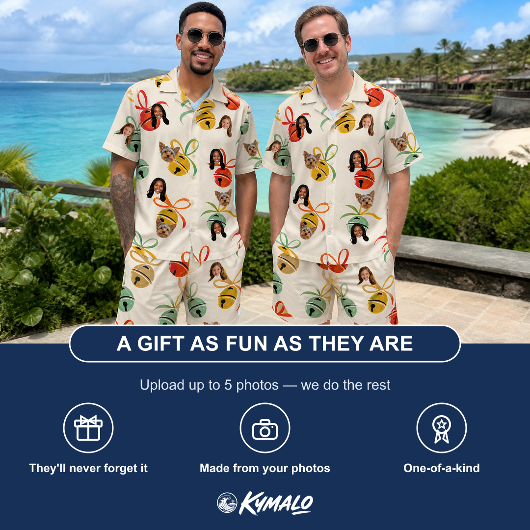 Friends in matching Men's Sleigh Bells Custom Face Shirt & Shorts Set — a group gift photo