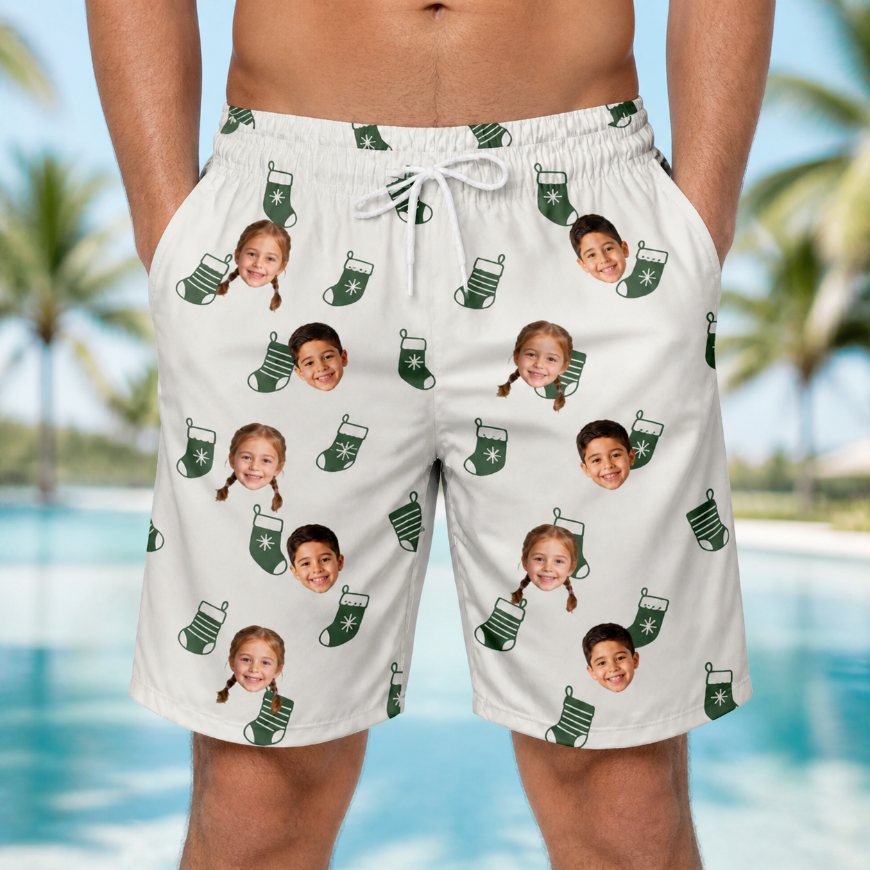 Model wearing Men's Gifts Afoot Custom Face Beach Shorts printed with kids' faces