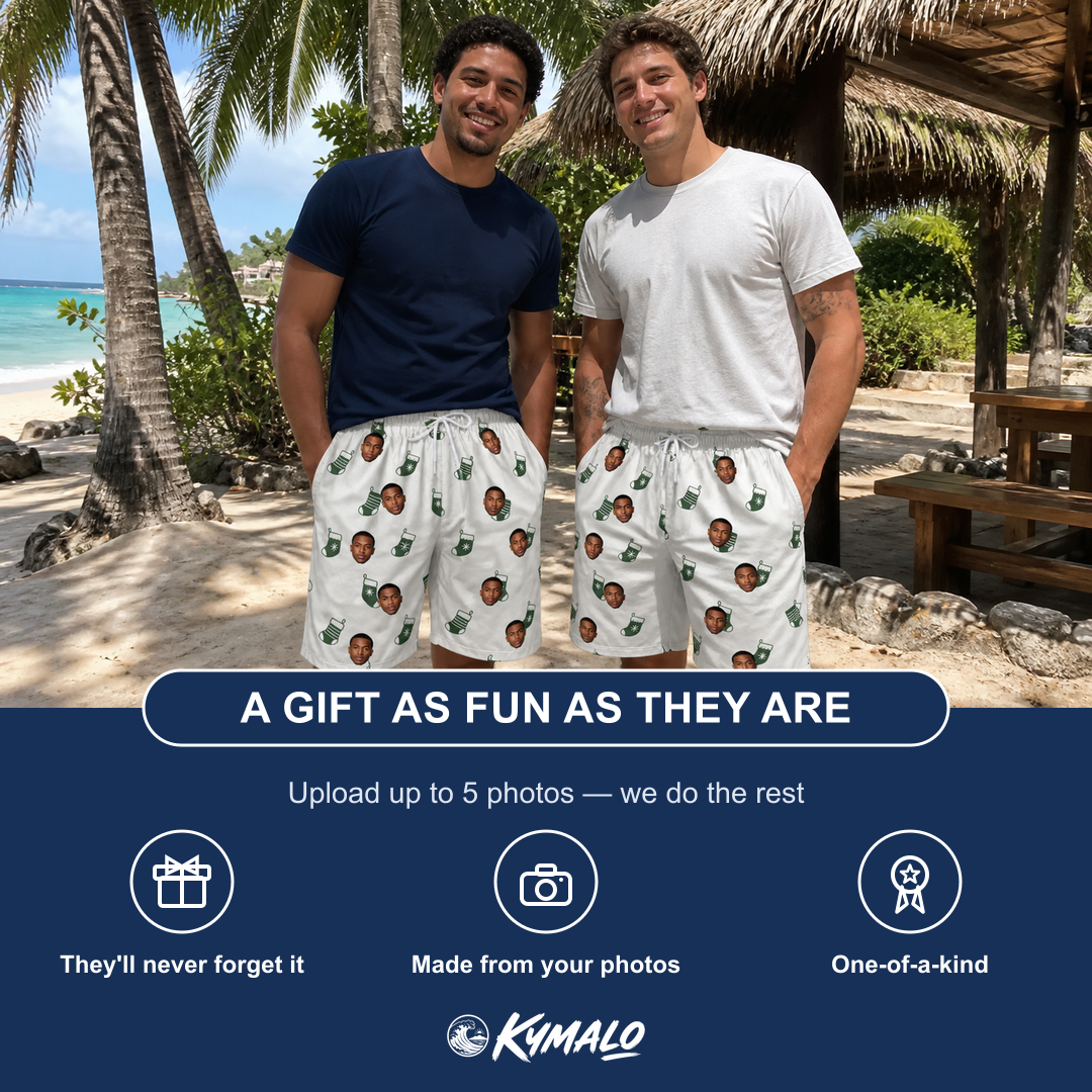 Friends in matching Men's Gifts Afoot Custom Face Beach Shorts — a group gift photo