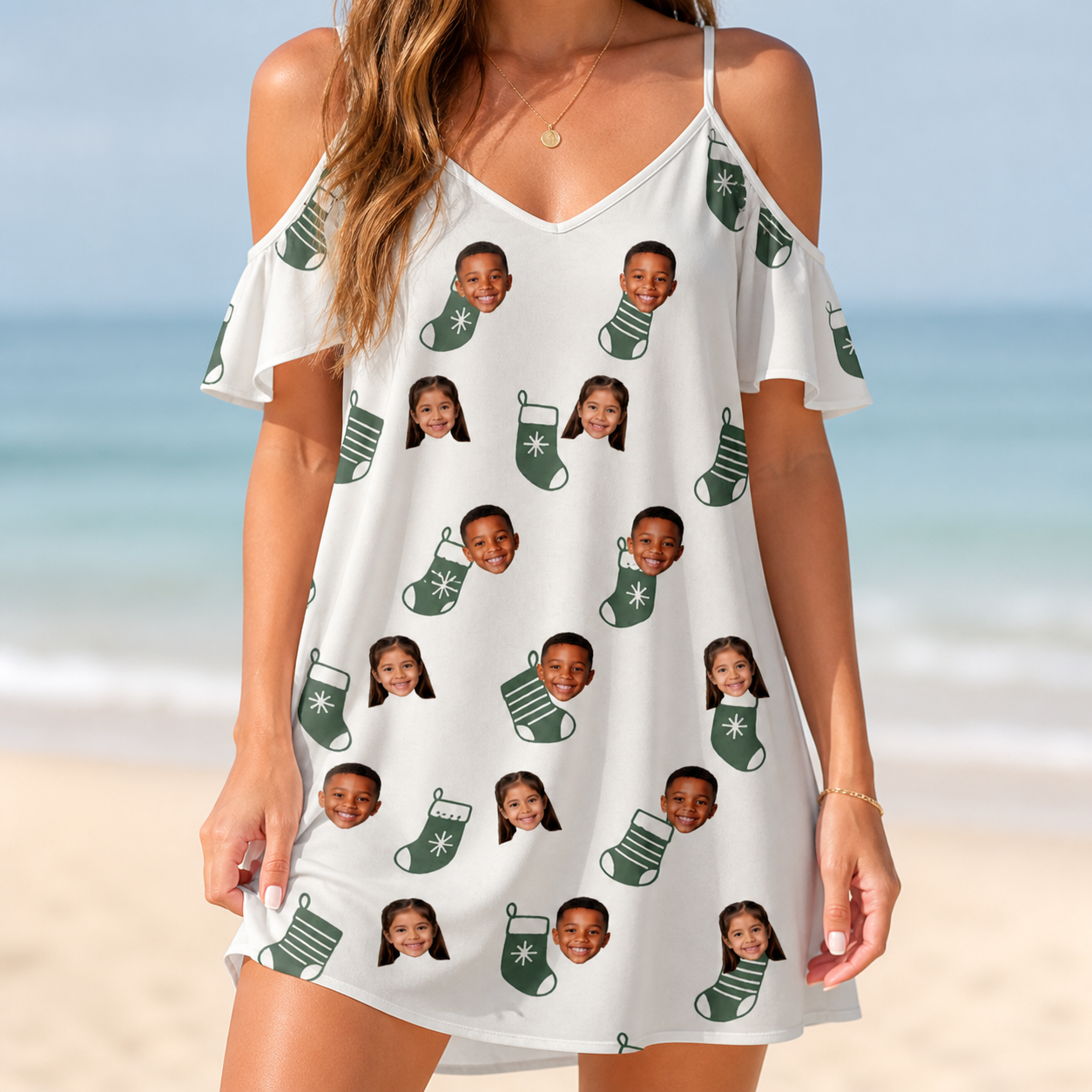 Model wearing Women's Gifts Afoot Custom Face Off-Shoulder Dress printed with kids' faces