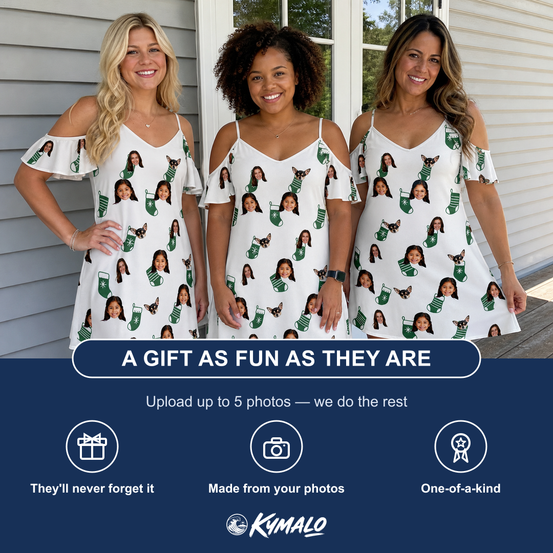 Friends in matching Women's Gifts Afoot Custom Face Off-Shoulder Dress — a group gift photo