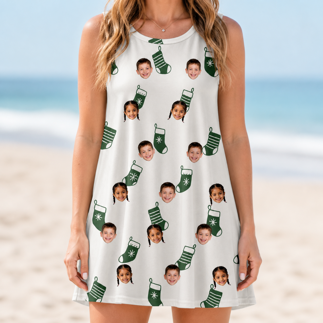 Model wearing Women's Gifts Afoot Custom Face Tank Dress printed with kids' faces