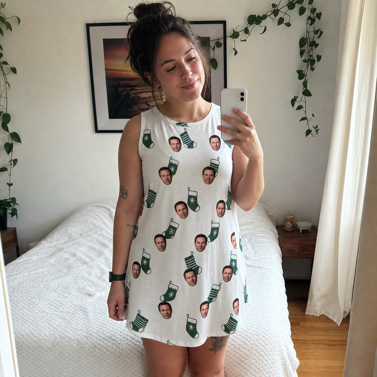 Real-life photo of someone wearing Women's Gifts Afoot Custom Face Tank Dress — custom faces printed all-over