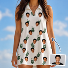 Woman wearing Women's Gifts Afoot Custom Face V-Neck Dress — custom faces printed all-over