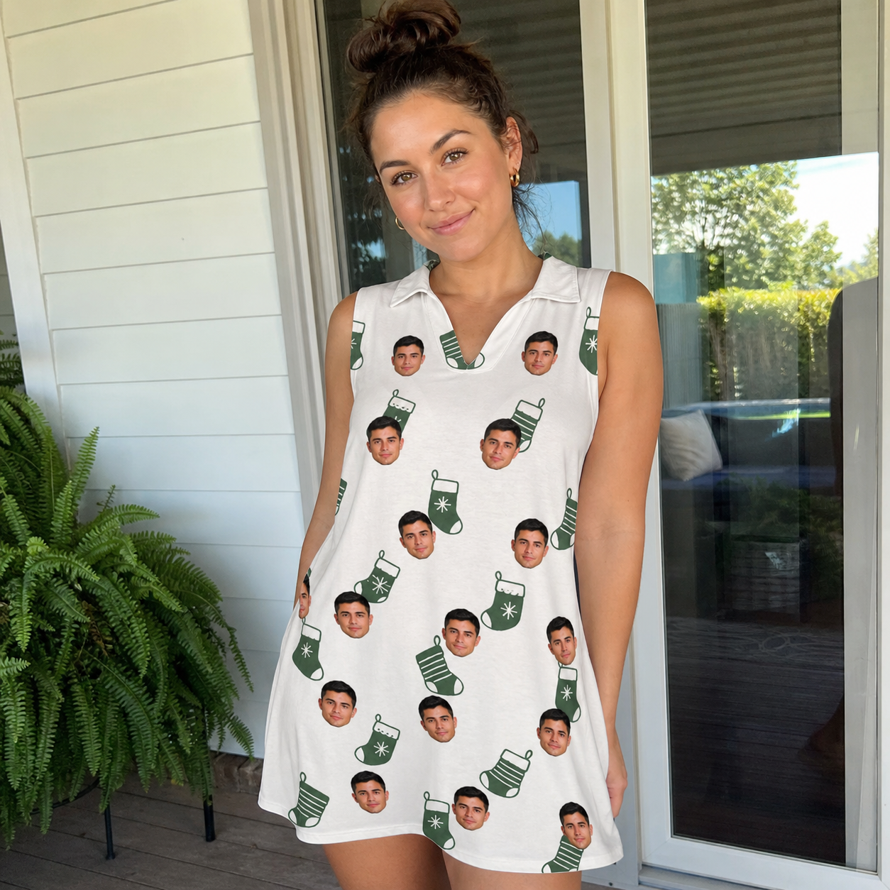 Real-life photo of someone wearing Women's Gifts Afoot Custom Face V-Neck Dress — custom faces printed all-over