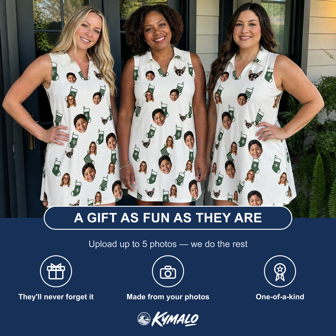 Friends in matching Women's Gifts Afoot Custom Face V-Neck Dress — a group gift photo