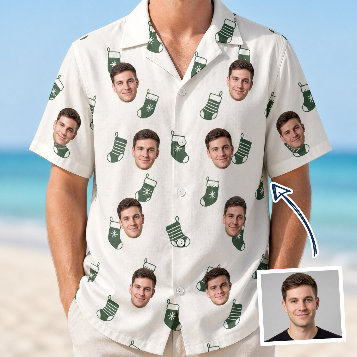 Man wearing Men's Gifts Afoot Custom Face Hawaiian Shirt — custom faces printed all-over