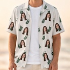 Man wearing Men's Gifts Afoot Custom Face Hawaiian Shirt open over a white tee