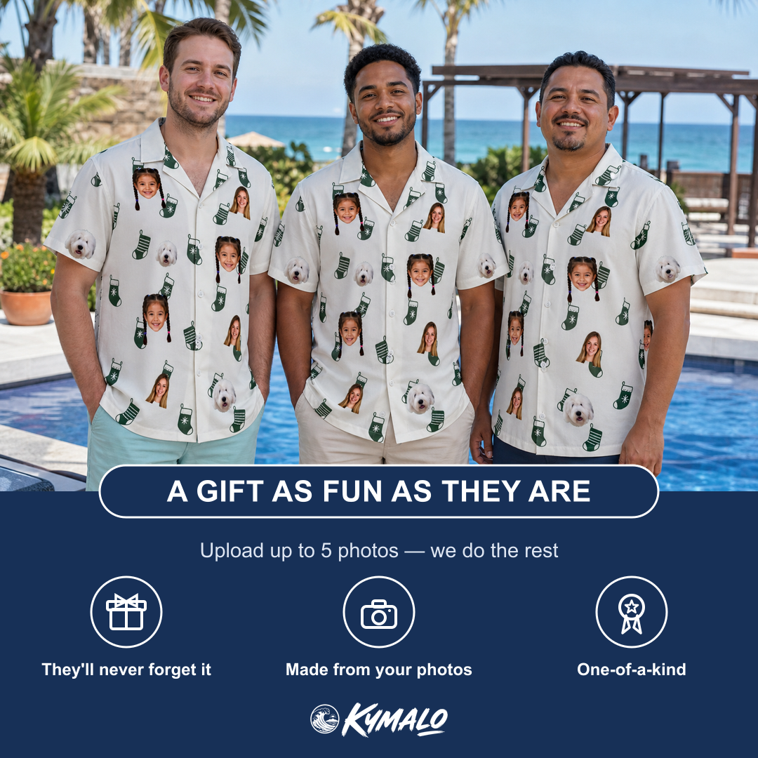 Friends in matching Men's Gifts Afoot Custom Face Hawaiian Shirt — a group gift photo