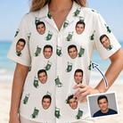 Woman wearing Women's Gifts Afoot Custom Face Hawaiian Shirt — custom faces printed all-over