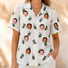 Model wearing Women's Gifts Afoot Custom Face Hawaiian Shirt printed with kids' faces