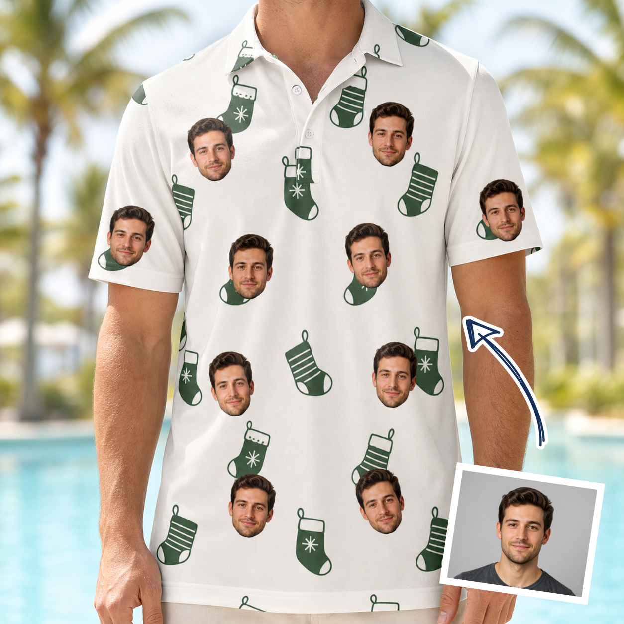 Man wearing Men's Gifts Afoot Custom Face Polo Shirt — custom faces printed all-over