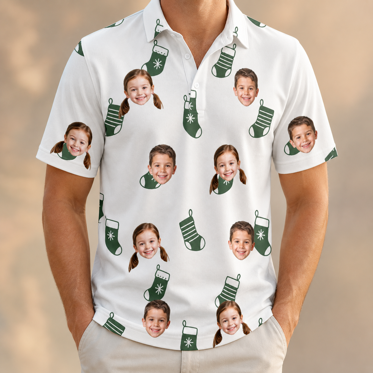 Model wearing Men's Gifts Afoot Custom Face Polo Shirt printed with kids' faces