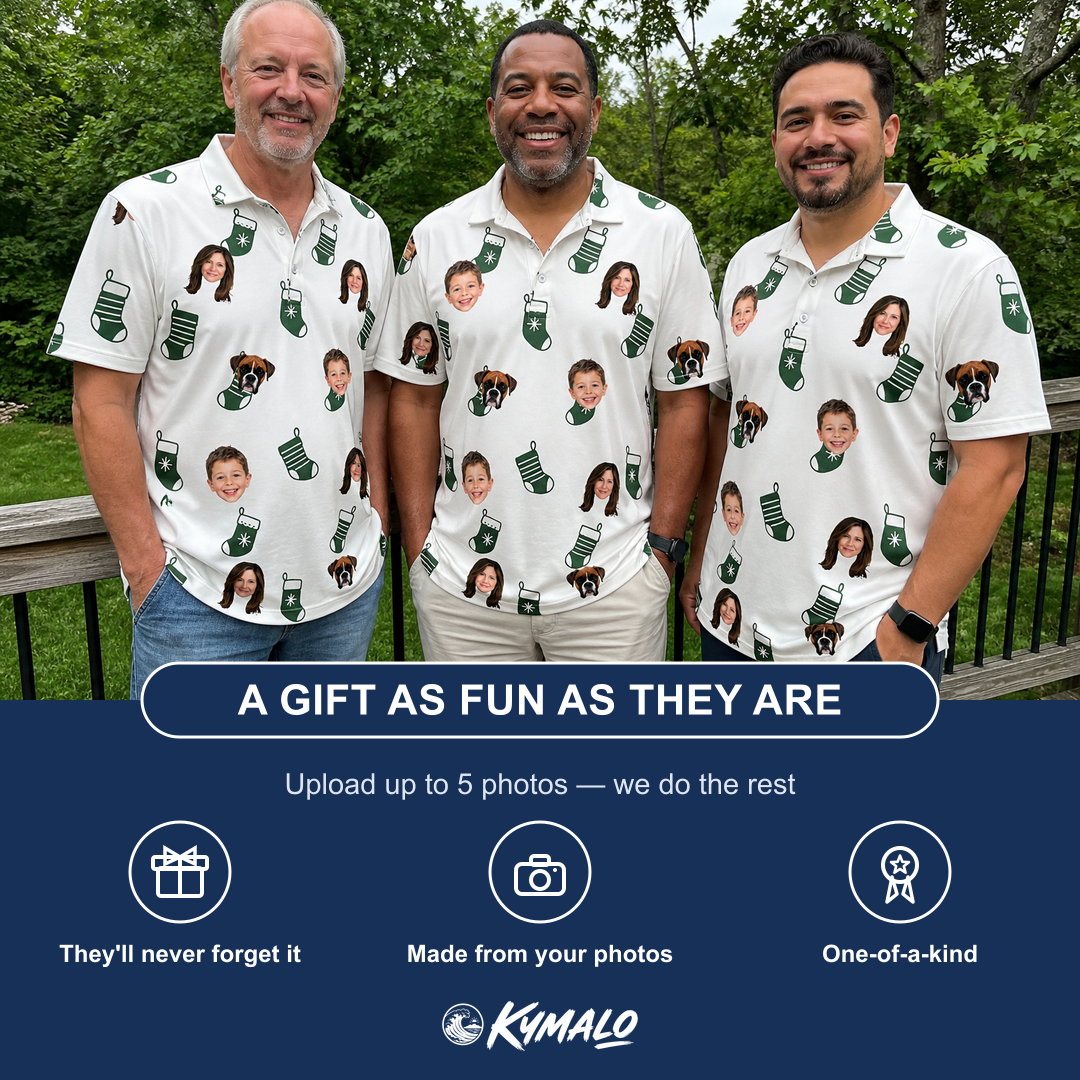 Friends in matching Men's Gifts Afoot Custom Face Polo Shirt — a group gift photo
