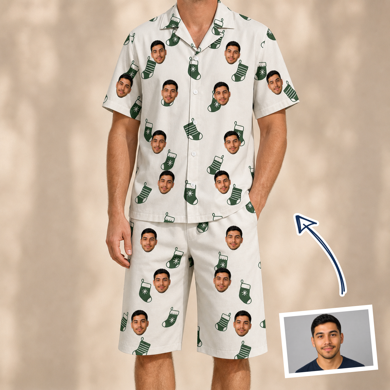 Man wearing Men's Gifts Afoot Custom Face Shirt & Shorts Set — custom faces printed all-over