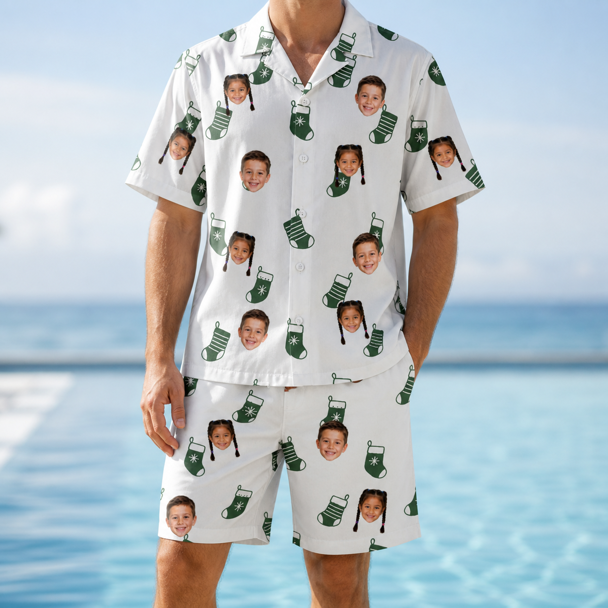 Model wearing Men's Gifts Afoot Custom Face Shirt & Shorts Set printed with kids' faces
