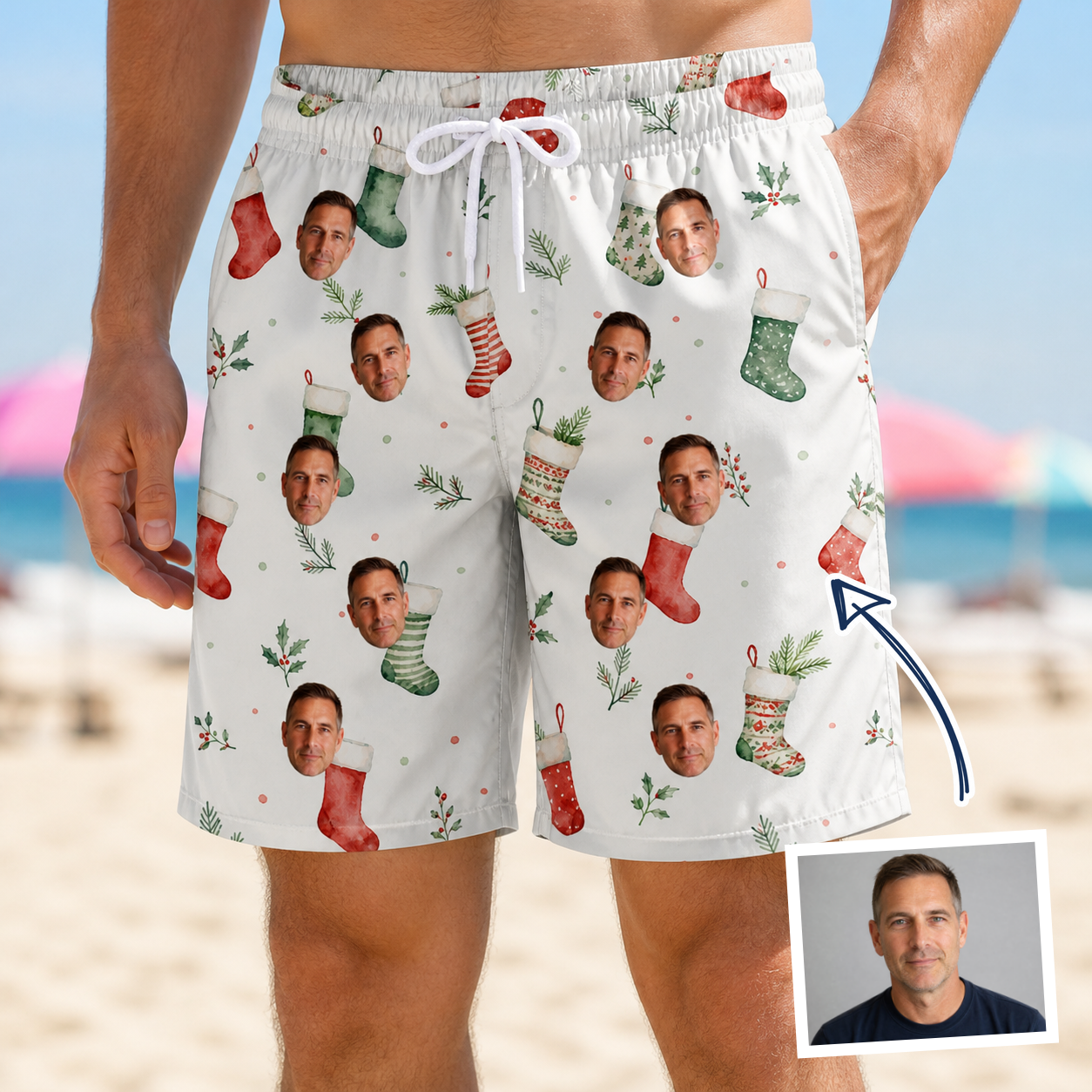 Man wearing Men's Hearth Hangers Custom Face Beach Shorts — custom faces printed all-over